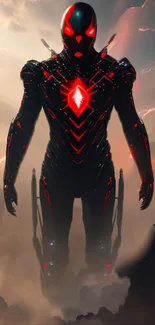 Futuristic hero in black and red suit, flying in dynamic sci-fi scene.