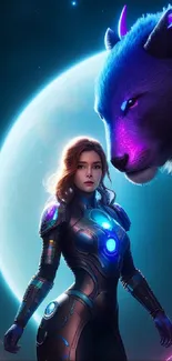 Futuristic heroine with neon wolf under cosmic sky in vibrant digital art.