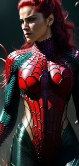 Futuristic heroine with red and green intricate design on a mobile wallpaper.