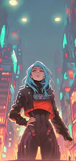 Heroine in cyberpunk cityscape with neon lights.