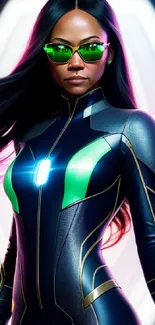 Futuristic heroine in neon suit with vibrant colors and sleek design.