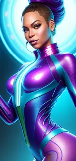 Futuristic heroine in purple suit with neon glow.