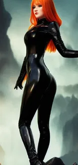 Red-haired heroine in black attire stands heroically against a misty mountain background.