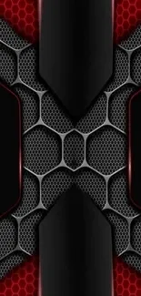 Futuristic hexagon abstract wallpaper in bold red and black tones.