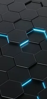 Futuristic hexagon pattern with blue neon glow on a dark background.