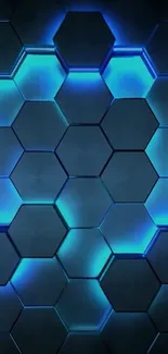 Futuristic hexagonal pattern with glowing blue effects in a dark theme.