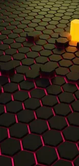 Futuristic hexagon pattern with neon glow and yellow highlight.