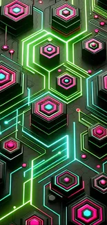 Futuristic neon hexagon wallpaper with vibrant colors and circuit patterns.