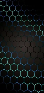 Futuristic hexagon pattern with blue and green glow on a black background.