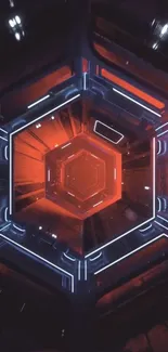 Futuristic hexagon tunnel wallpaper with red highlights.