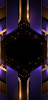 Futuristic hexagonal pattern wallpaper with gold and purple accents.