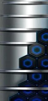 Futuristic silver and blue hexagonal wallpaper design.