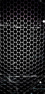 Futuristic hexagonal grid wallpaper with metallic reflections on black background.