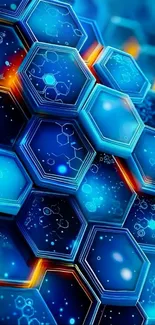 Futuristic hexagonal pattern in blue and orange hues for mobile wallpaper.