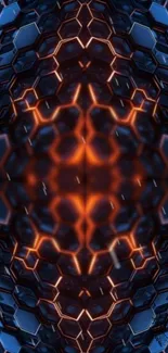 Futuristic hexagonal pattern wallpaper in dark blue and orange.