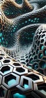 Hexagonal futuristic pattern with teal accents.