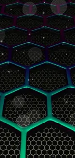 Futuristic hexagonal pattern wallpaper with blue and green hues.