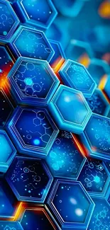 Futuristic wallpaper of glowing hexagonal patterns in blue tones.