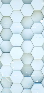 Hexagonal pattern wallpaper in light blue tones, futuristic and minimalist.