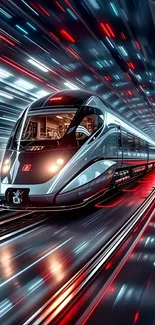 Futuristic high-speed train speeding through a tunnel with dynamic lighting.