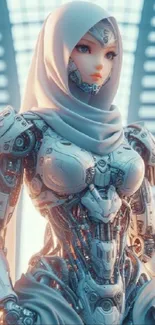 Futuristic robot with hijab in a modern digital setting.