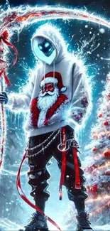 Futuristic holiday warrior with glowing scythe.