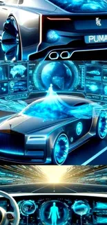 Futuristic car with holographic dashboard and neon blue highlights.