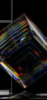 Futuristic holographic 3D cube with rainbow reflections on black background.