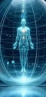 Futuristic holographic figure in glowing sphere.