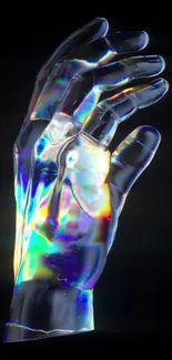 Futuristic holographic hand with vibrant colors on a black background.