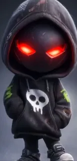 Hooded character with glowing red eyes and skull insignia in dark setting.