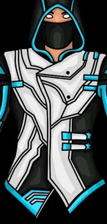 Futuristic character with hood in white, black, and cyan design.