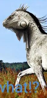 Futuristic robotic horse in a scenic meadow with blue sky background.