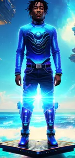 Futuristic character on hoverboard in a neon landscape.