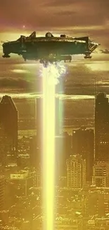 Hovering spacecraft above futuristic cityscape with a golden glow.