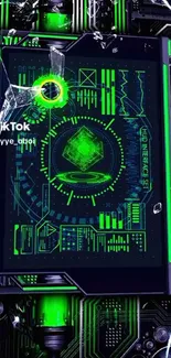 Futuristic HUD circuit design wallpaper with neon green details.