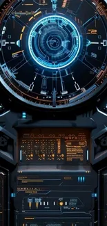 Futuristic HUD interface with digital elements and dark blue tones.
