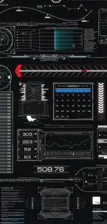 Futuristic HUD design with sci-fi elements in black and red tones.