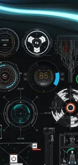 Futuristic HUD elements with digital interface designs in black and neon accents.