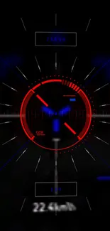 Futuristic HUD display wallpaper with red and blue tech design on black background.