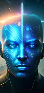 Futuristic sci-fi human face wallpaper with neon blue and vibrant colors.