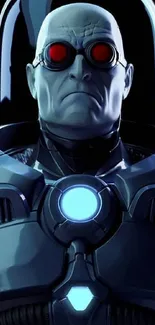 Futuristic character in an ice-themed suit with glowing blue elements.