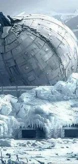 Futuristic icy landscape with a large sphere and snow-covered mountains.