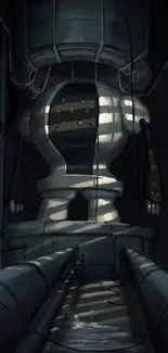 Futuristic industrial robot in dark factory setting.