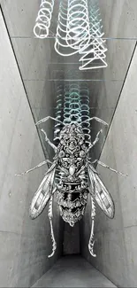 Futuristic mechanical insect artwork in a concrete hallway.