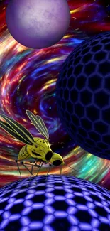 Futuristic yellow insect amid dark blue cosmic swirl.