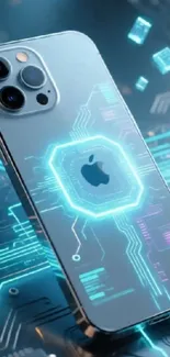 Futuristic iPhone with glowing circuit design.