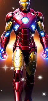 Futuristic red and gold armored character with glowing blue energy.