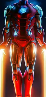 Futuristic iron armor character, glowing red and blue.