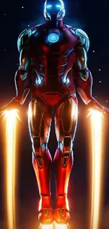 Futuristic iron hero flying with glowing jets.